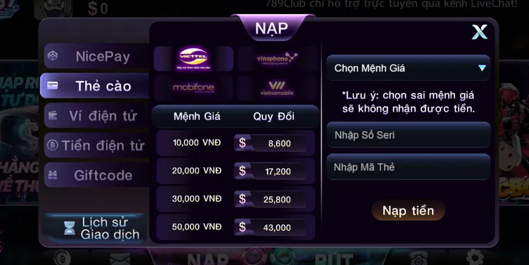 Nạp Tiền 789Club Siêu Tốc Hỗ Trợ Đa Dạng Phương Thức Thanh Toán Uy Tín Bậc Nhất